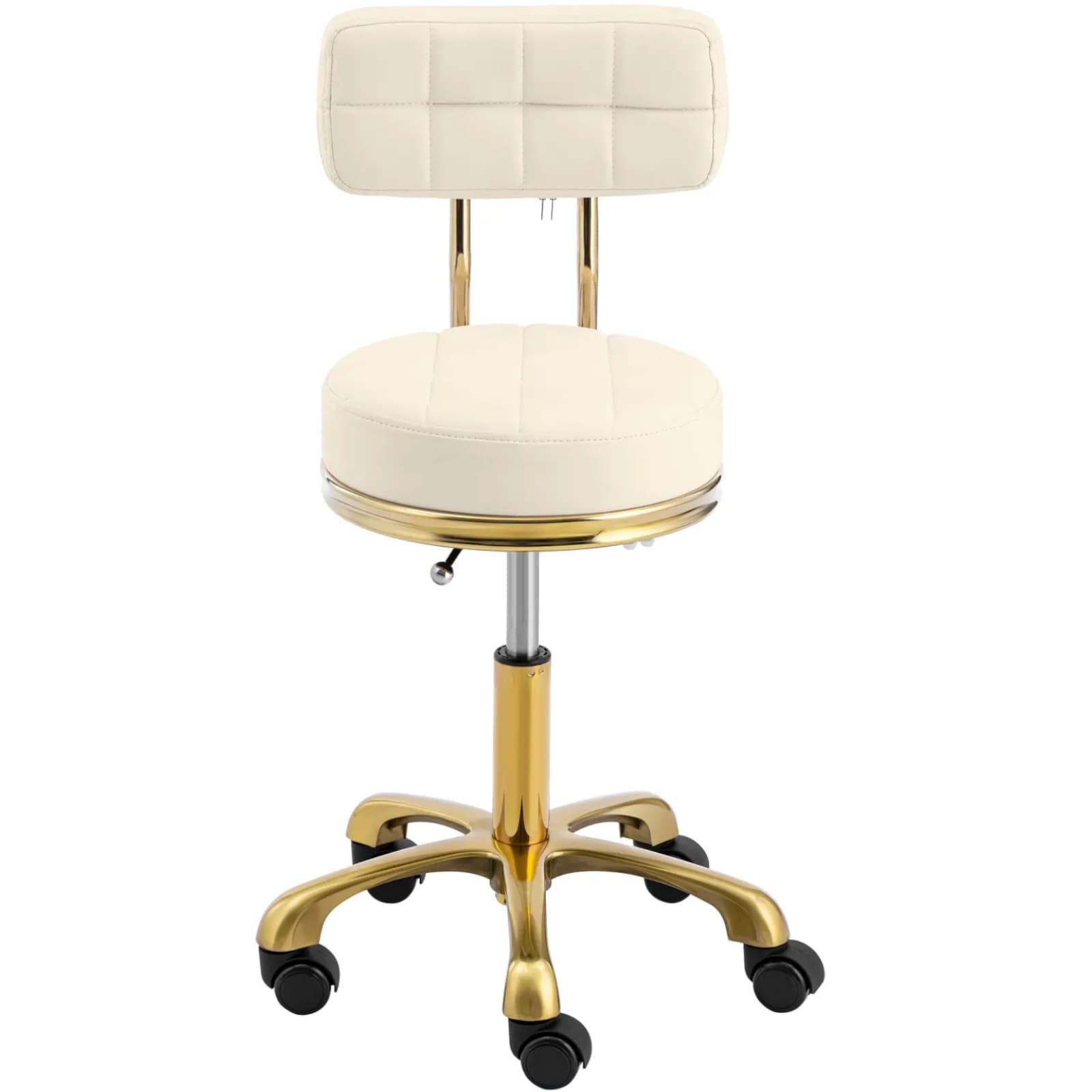 Krzesło taboret hoker kosmetyczny z oparciem na kółkach do 150 kg GELA beżowo złoty