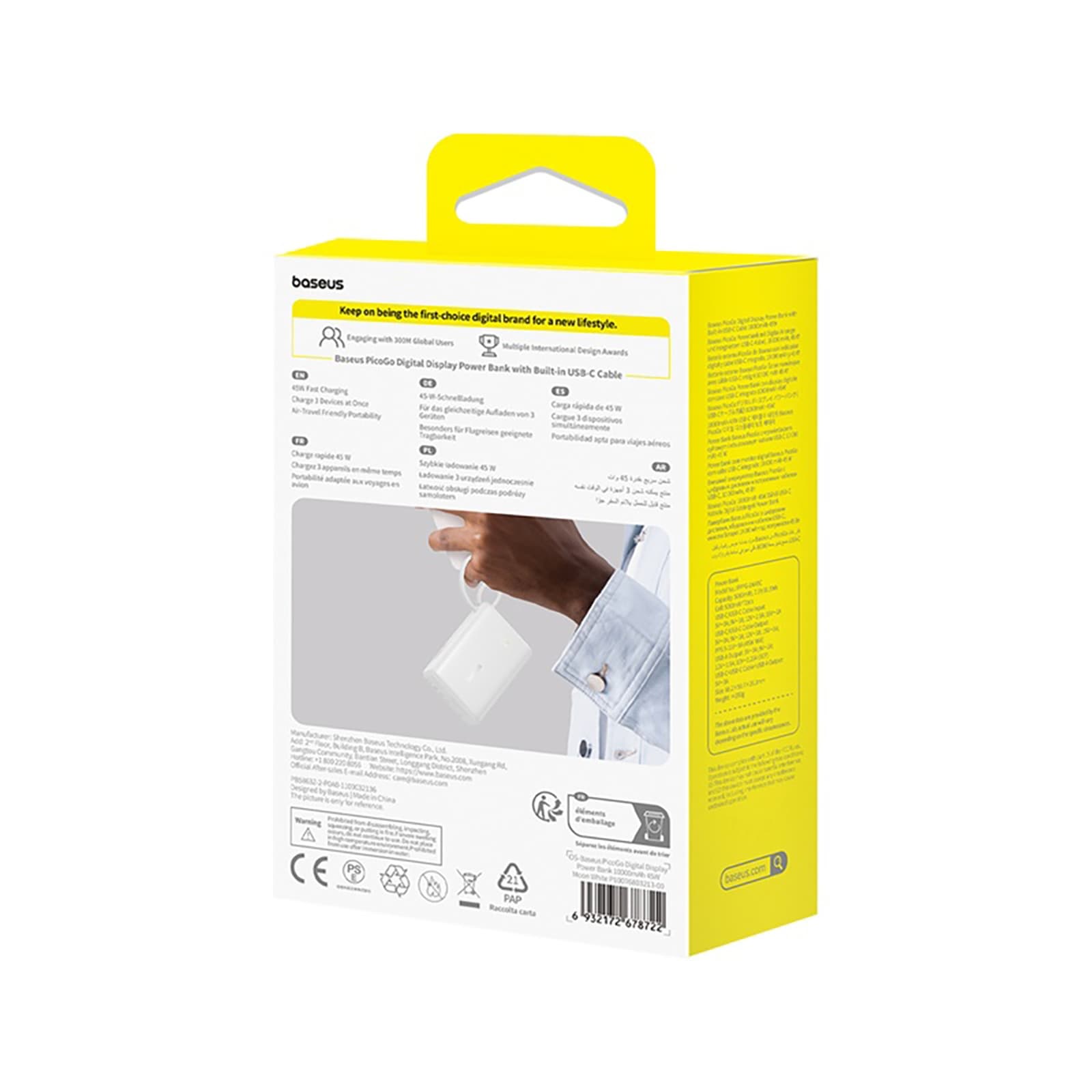 Powerbank 10000mAh 45W PicoGo USB-A USB-C z wbudowanym kablem wyświetlaczem - biały