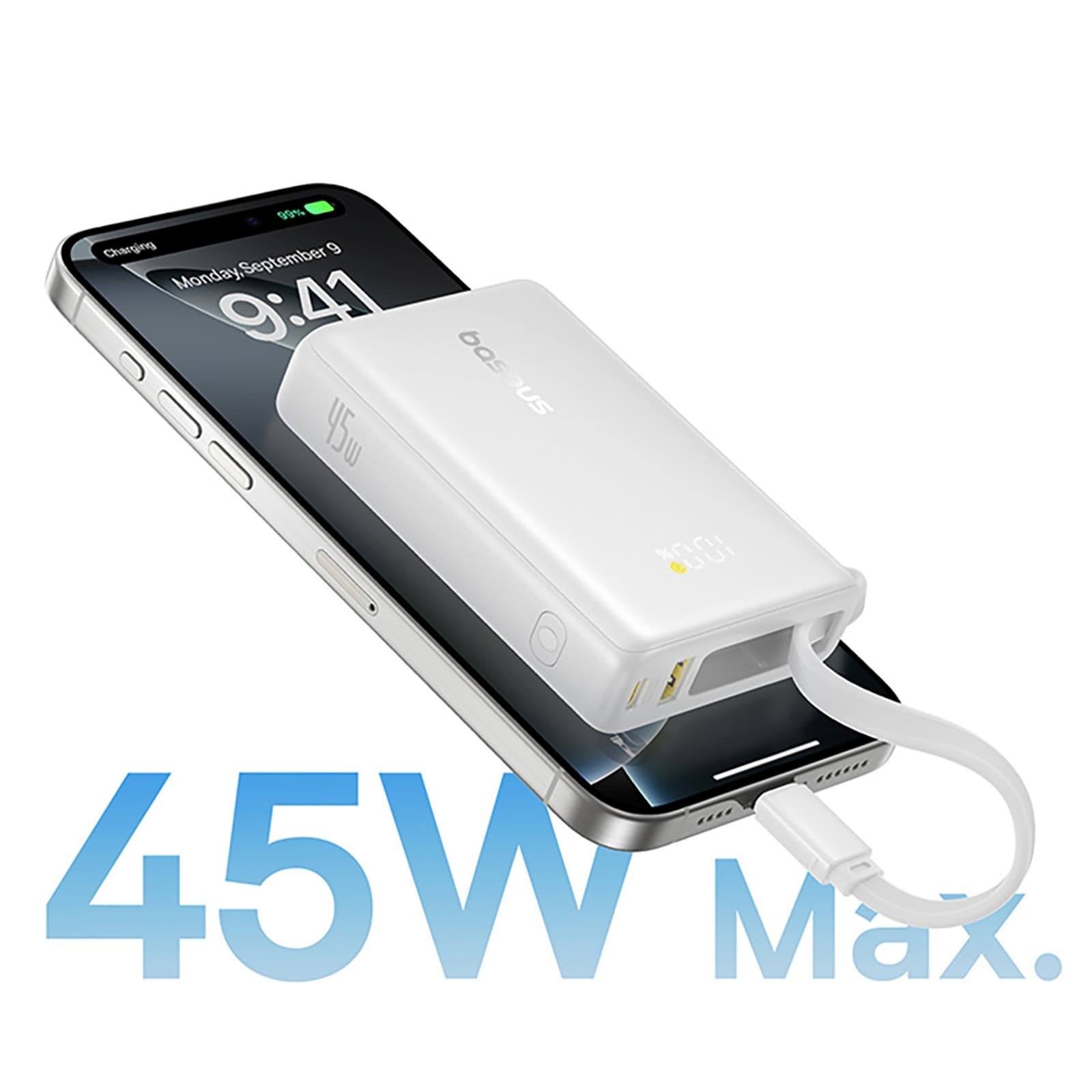 Powerbank 10000mAh 45W PicoGo USB-A USB-C z wbudowanym kablem wyświetlaczem - biały