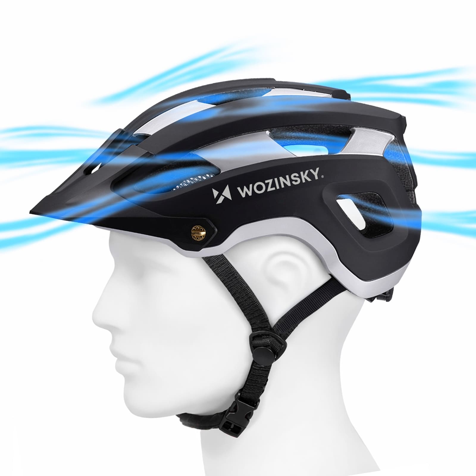 Kask rowerowy MTB z odpinanym daszkiem lekki 57-62 cm - czarno-srebrny