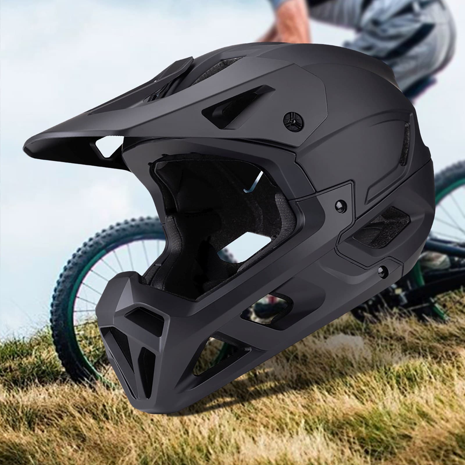 Kask rowerowy fullface z odpinanym daszkiem 55-57 cm - czarny