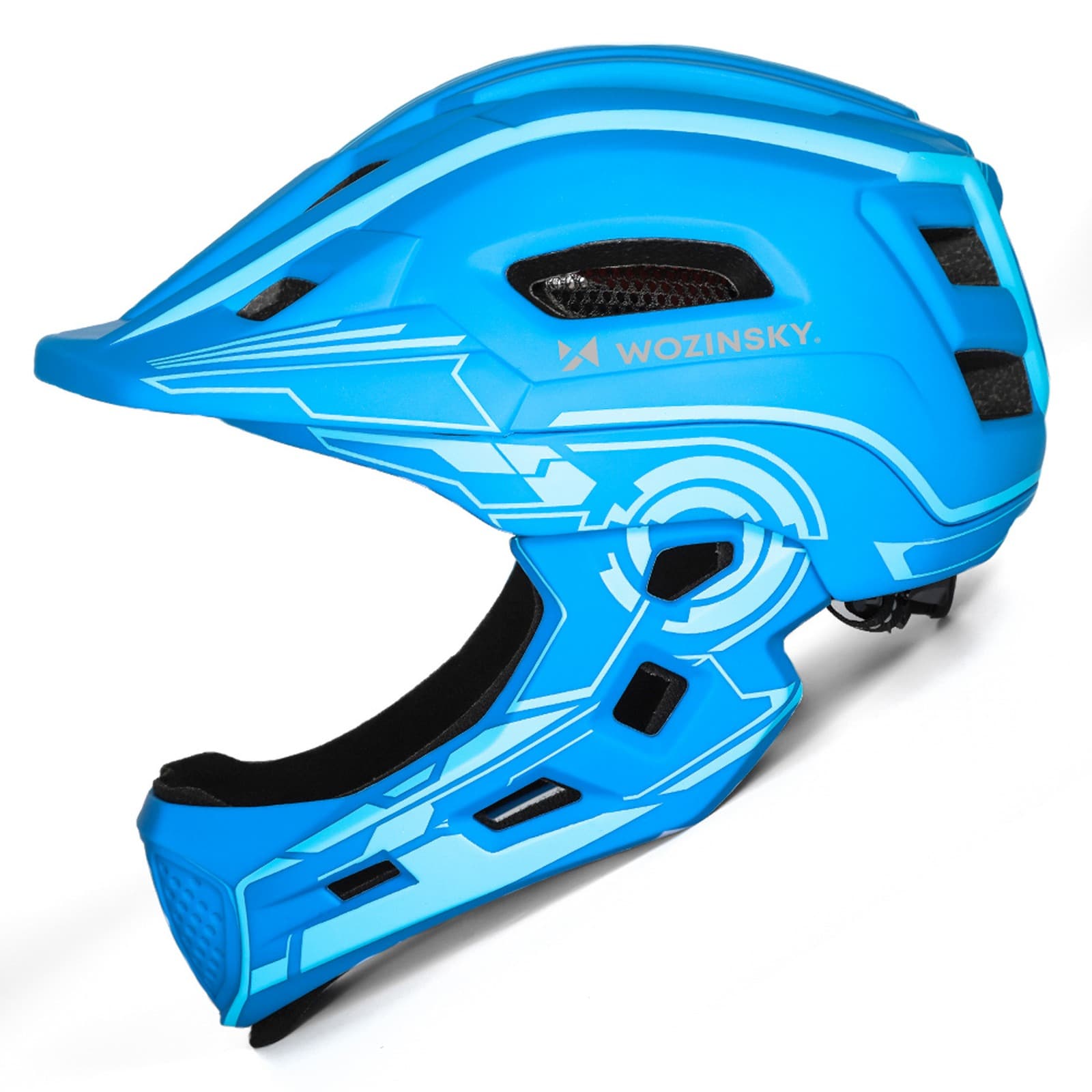 Kask rowerowy fullface dziecięcy z tylną lampką USB 52-56 cm - niebieski