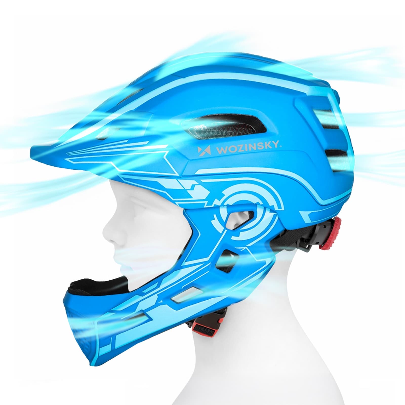 Kask rowerowy fullface dziecięcy z tylną lampką USB 52-56 cm - niebieski