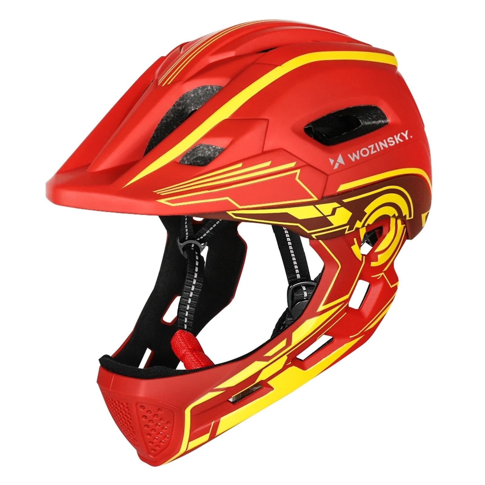 Kask rowerowy fullface dziecięcy z tylną lampką USB 52-56 cm - czerwono żółty