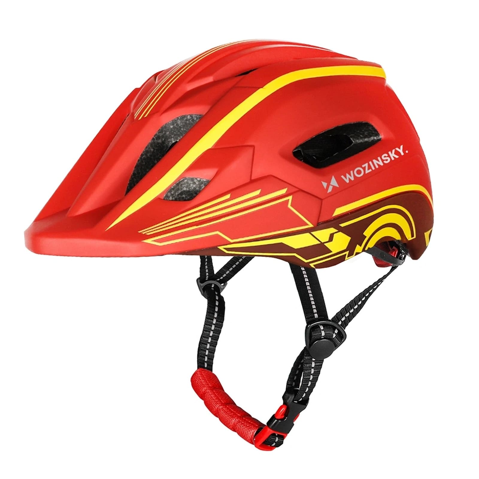 Kask rowerowy fullface dziecięcy z tylną lampką USB 52-56 cm - czerwono żółty