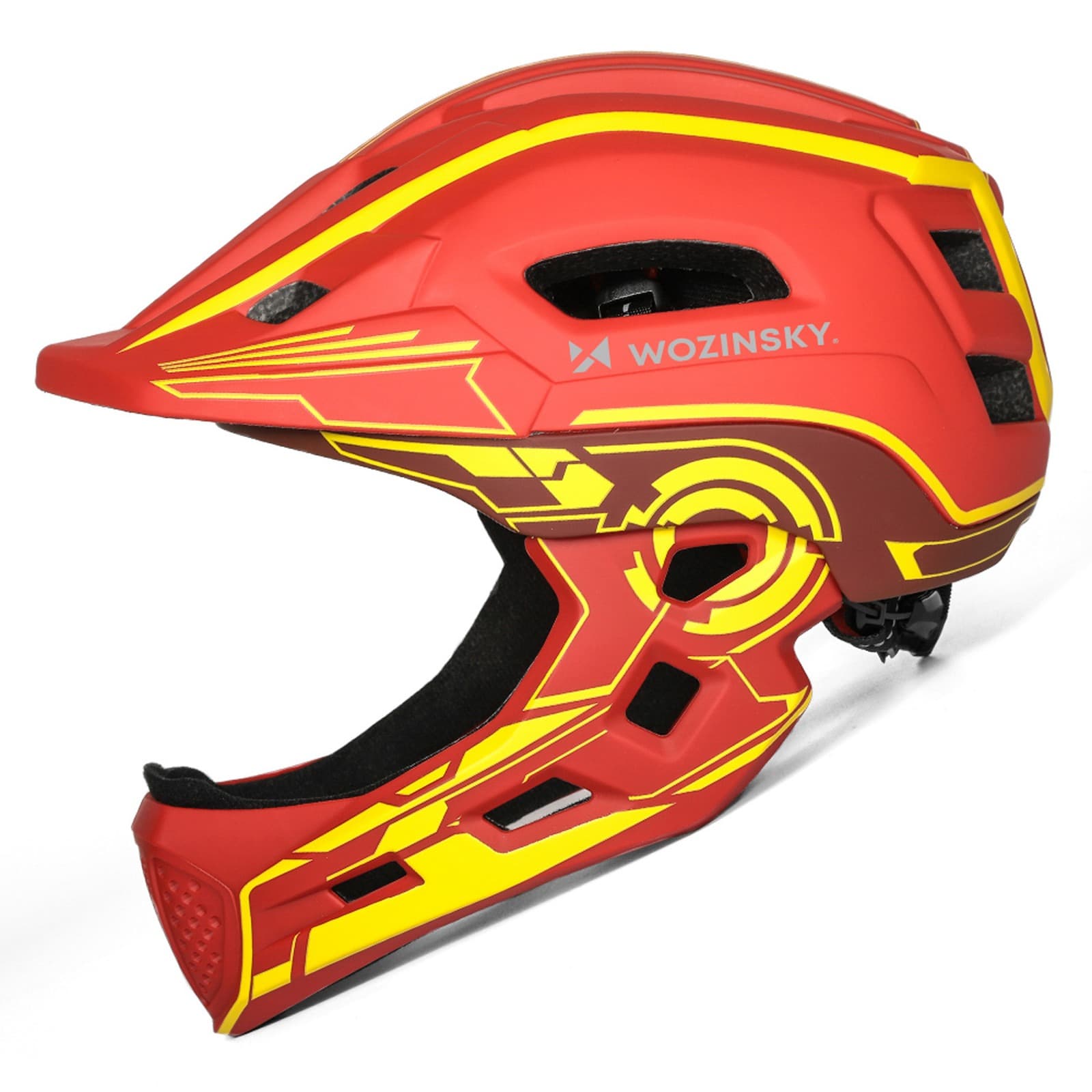Kask rowerowy fullface dziecięcy z tylną lampką USB 52-56 cm - czerwono żółty