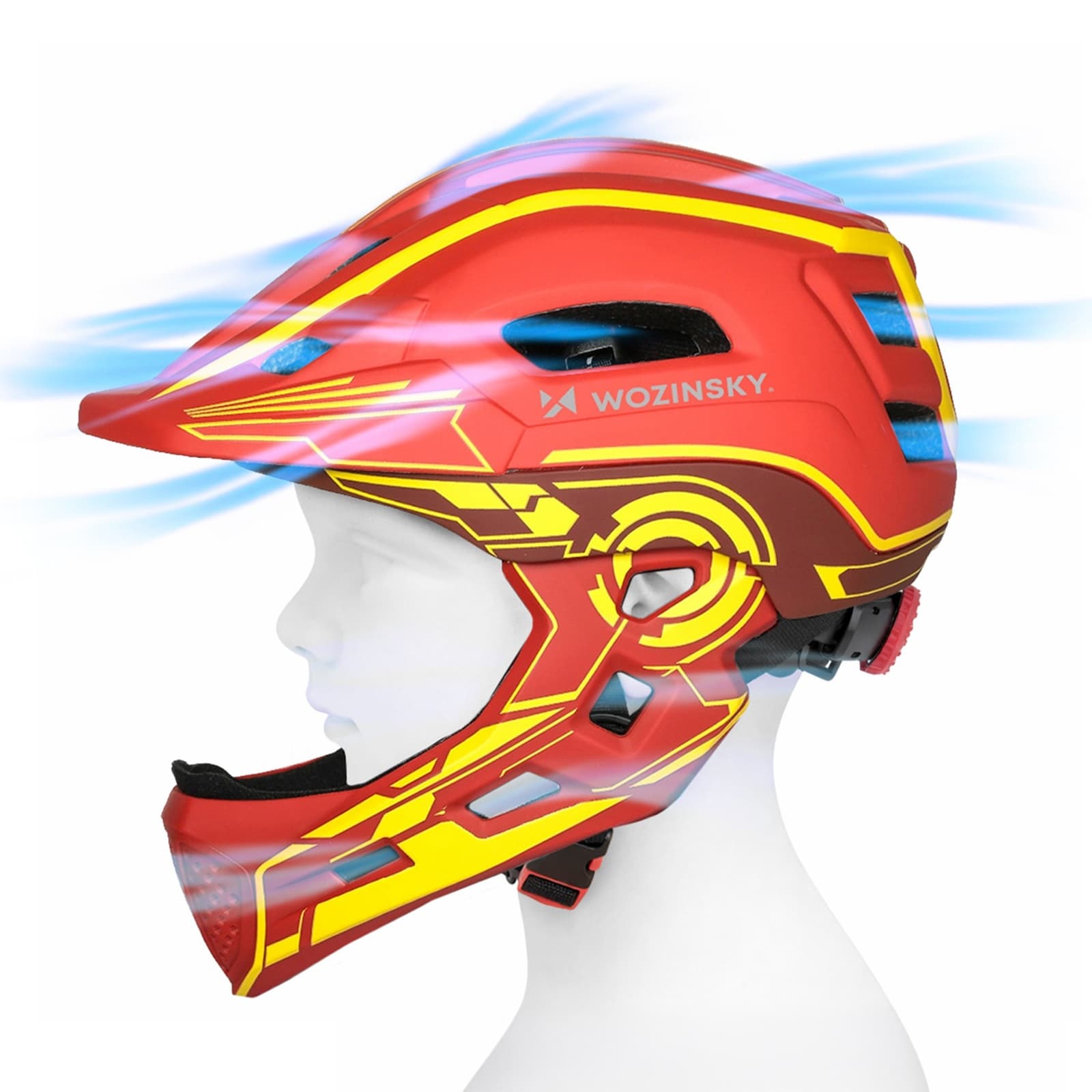 Kask rowerowy fullface dziecięcy z tylną lampką USB 52-56 cm - czerwono żółty