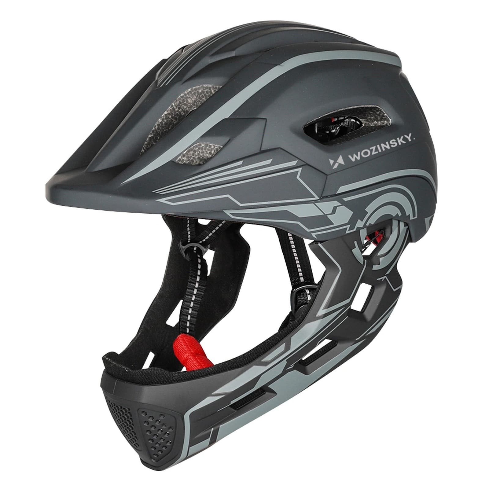 Kask rowerowy fullface dziecięcy z tylną lampką USB 52-56 cm - szary