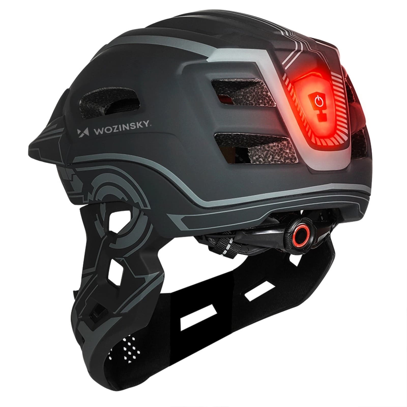 Kask rowerowy fullface dziecięcy z tylną lampką USB 52-56 cm - szary