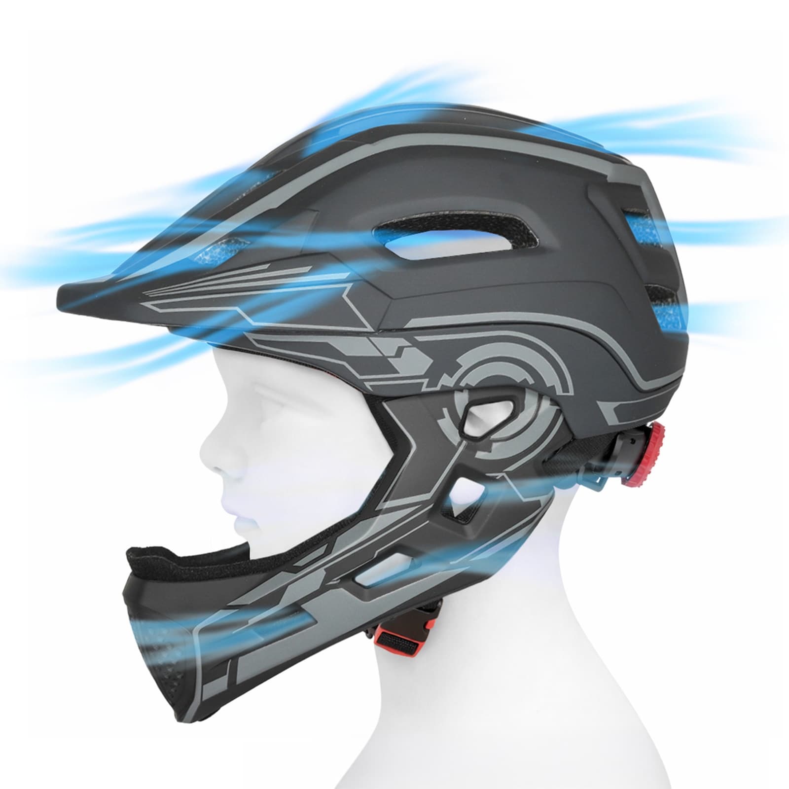 Kask rowerowy fullface dziecięcy z tylną lampką USB 52-56 cm - szary