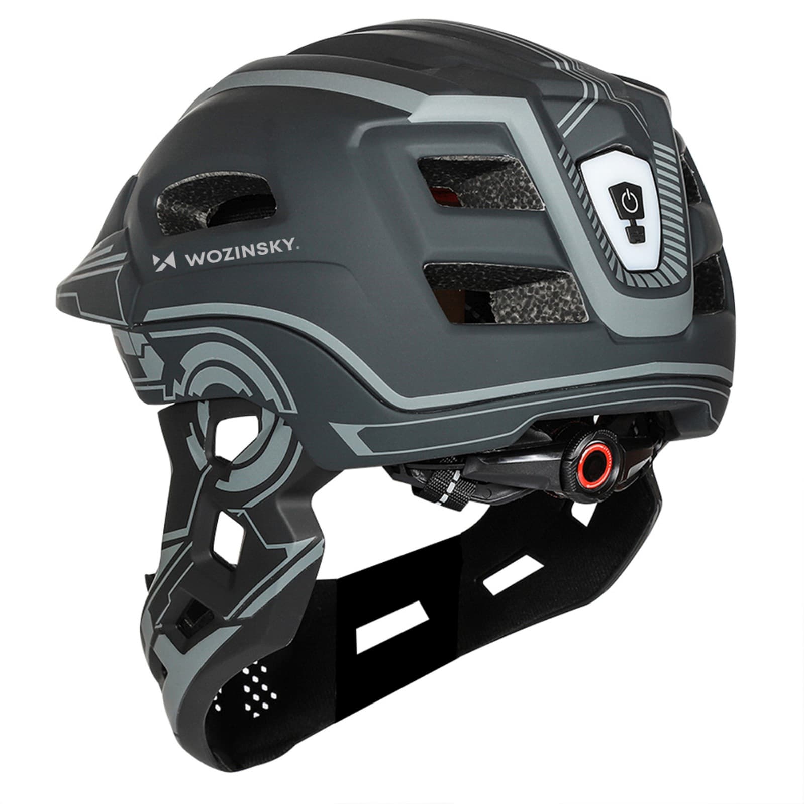 Kask rowerowy fullface dziecięcy z tylną lampką USB 52-56 cm - szary