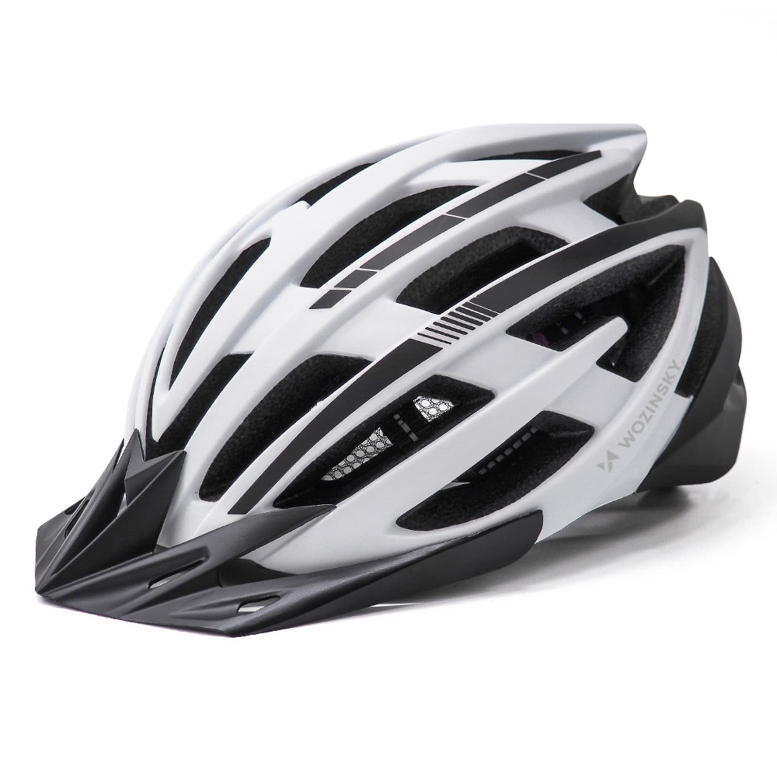 Kask rowerowy MTB z odpinanym daszkiem tylną lampką USB 57-62 cm - czarno-biały