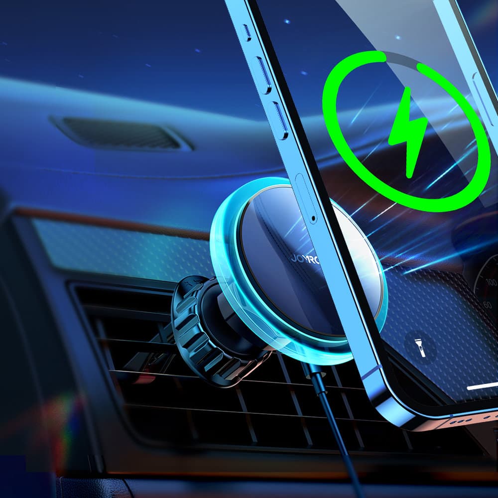 Uchwyt samochodowy z ładowarką indukcyjną Qi 15W MagSafe na kratkę srebrny