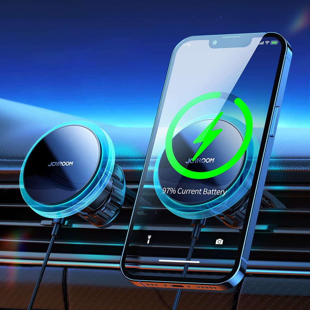 Uchwyt samochodowy z ładowarką indukcyjną Qi 15W MagSafe na kratkę srebrny