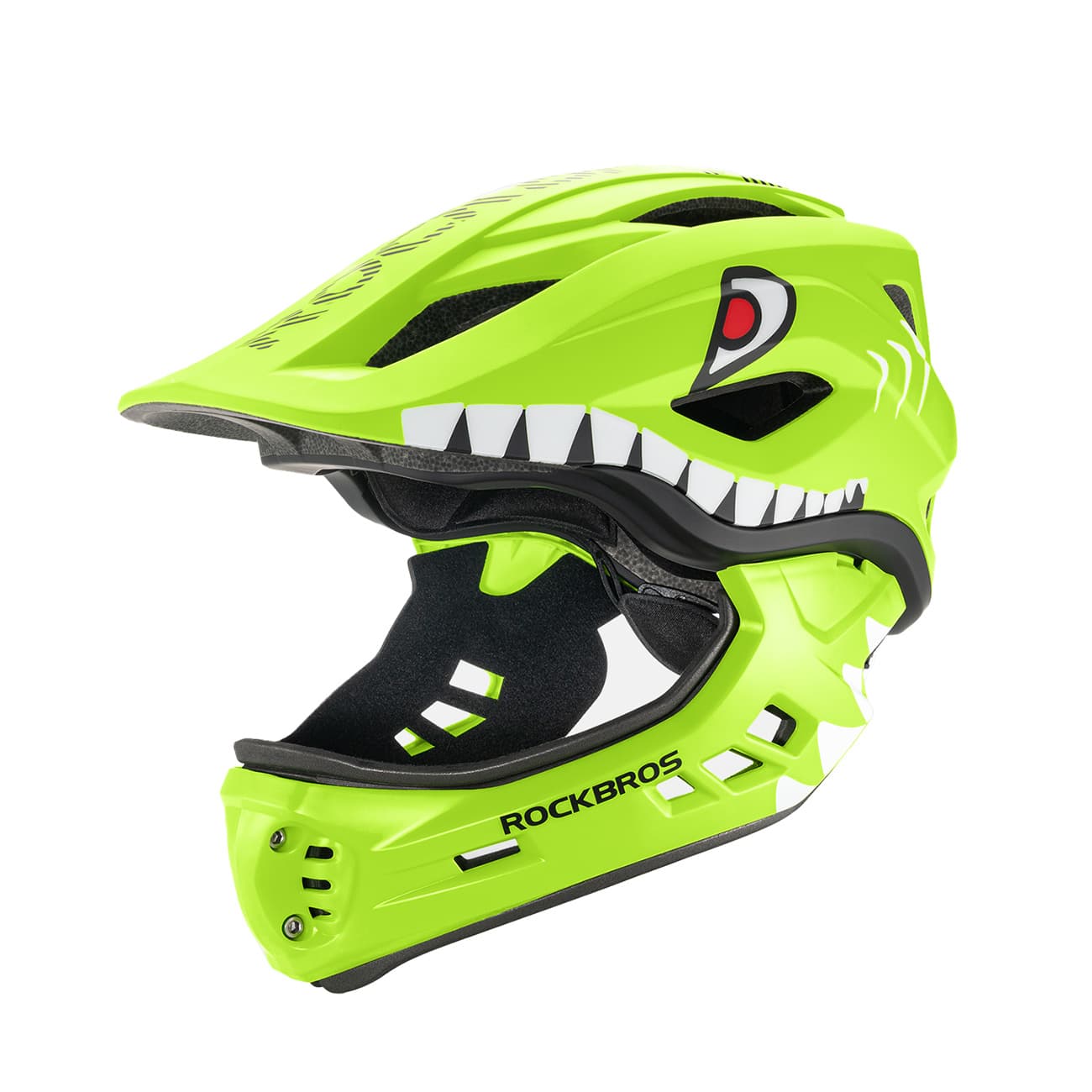 Kask rowerowy dziecięcy z odpinaną szczęką rozmiar 48-52cm zielony rekin