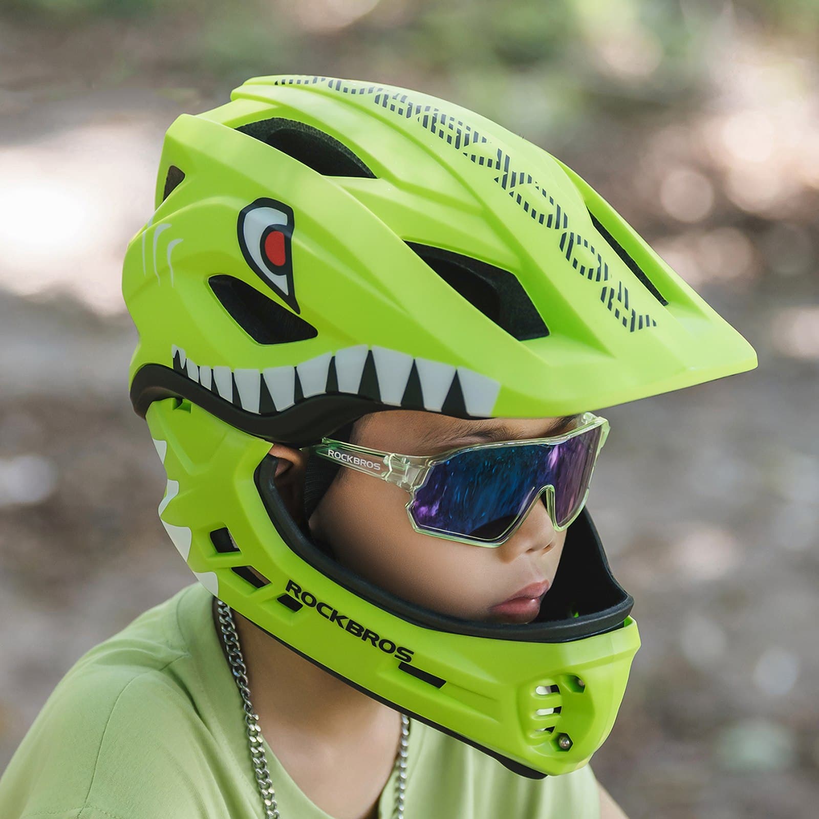 Kask rowerowy dziecięcy z odpinaną szczęką rozmiar 48-52cm zielony rekin
