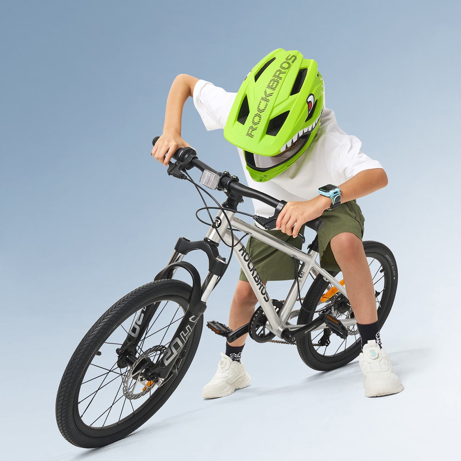 Kask rowerowy dziecięcy z odpinaną szczęką rozmiar 48-52cm zielony rekin